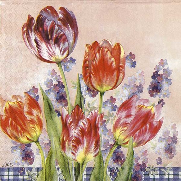 Paper napkin tulips on pink background