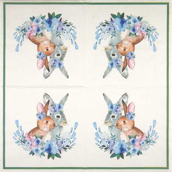 Paper napkin Easter rabbits in flower wreath