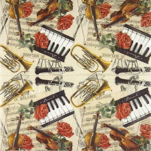 Paper Napkin red roses and flower with musical notes and musical instruments