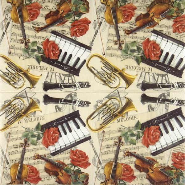 Paper Napkin red roses and flower with musical notes and musical instruments