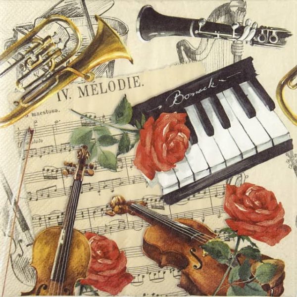 Paper Napkin red roses and flower with musical notes and musical instruments