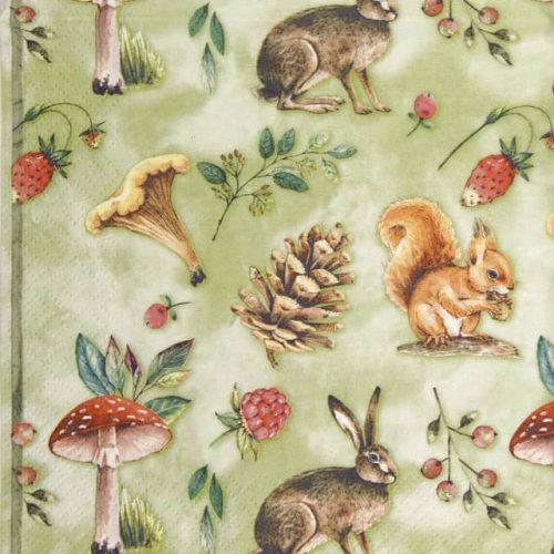 Paper Napkin Autumn forest, bunny, squirrel, mushroom, pine cone