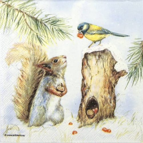 Paper Napkin squirrel and robin bird in winter