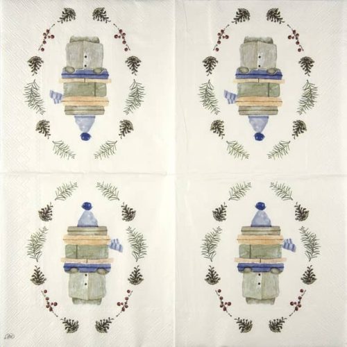 Paper Napkin fairy with Christmas presents cream blue