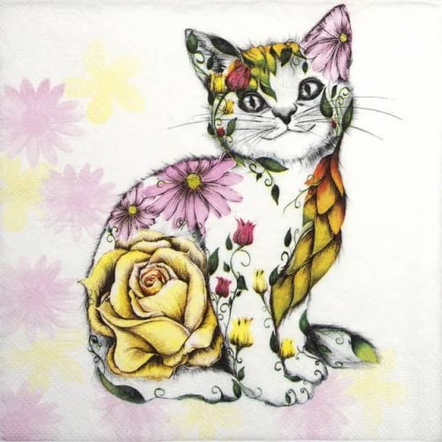 Paper Napkin Floral Smiling Kitty