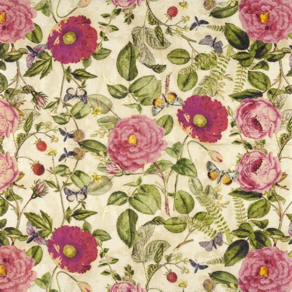 Paper Napkin pink flower and green leaves