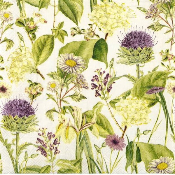 Quarter view of IHR Wildflower Cream napkin featuring a dense, repeating pattern of delicate wildflowers in soft cream, beige, and pastel tones with green foliage.