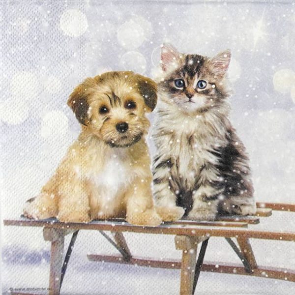 Paper Napkin Dog and cat on a sledge