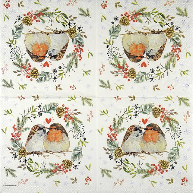 Paper Napkin Christmas wreath with sparrow and robin