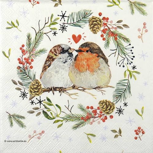Paper Napkin Christmas wreath with sparrow and robin