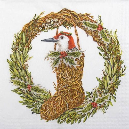 Paper Napkin Bird in a Christmas wreath