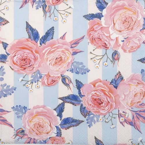 Paper Napkin - Pink Roses on Blue Stripes