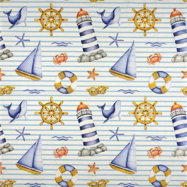Full paper napkin with four repeating nautical element lighthouse