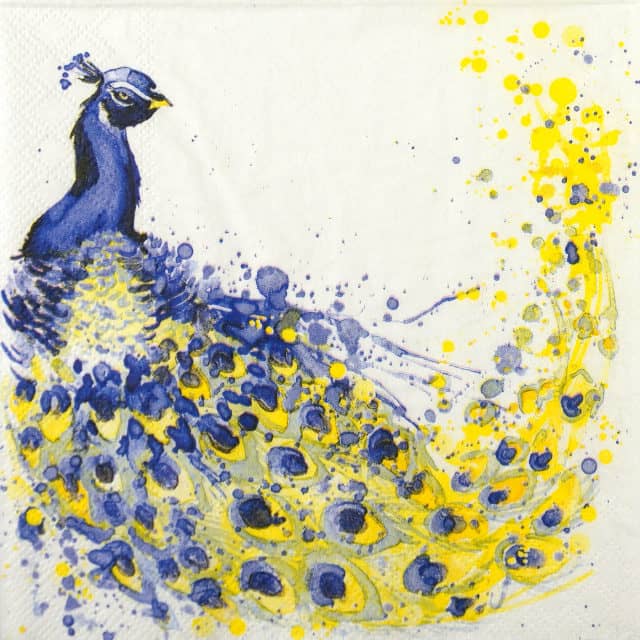 blue and yellow feather peacock– main motif on paper napkin