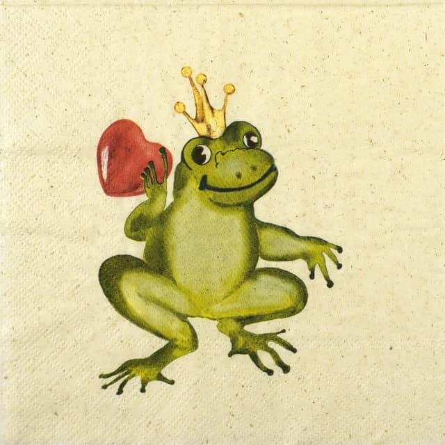 Lunch Decoupage Napkin Frog Prince: Close-up showing a green frog wearing a small gold crown and holding a red heart on a pale yellow background