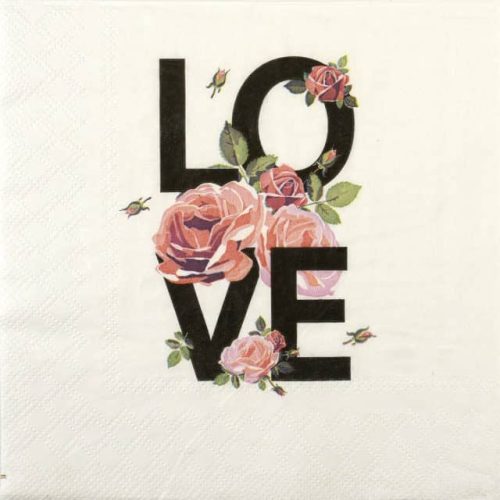 Love napkin featuring elegant script and pink roses – romantic floral design ideal for decoupage, weddings, and Valentine’s Day crafts - main motif on paper napkin