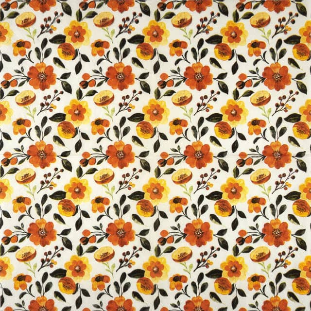 Lunch Decoupage Napkin Orange Floral Pattern: Full repeating design covering the entire surface with an abundance of orange and yellow flowers and dark foliage.