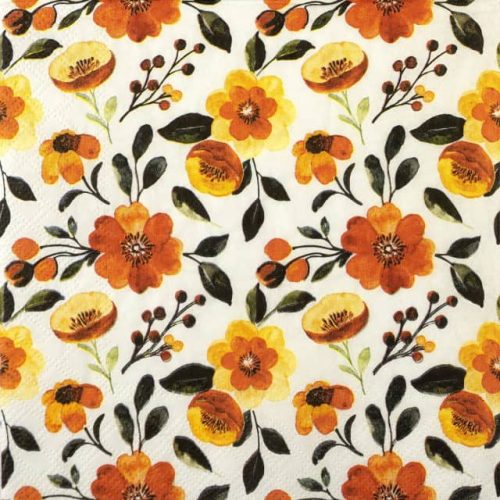 Lunch Decoupage Napkin Orange Floral Pattern: Close-up showing a rich, repeating floral design with orange and yellow flowers, dark leaves, and small red berries on a white background.