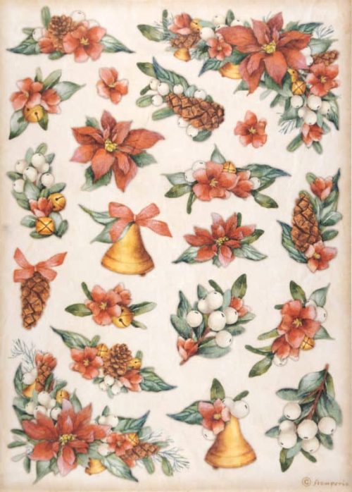 Stamperia Rice Paper A4 - All Around Christmas Poinsettia and Bells DFSA4806