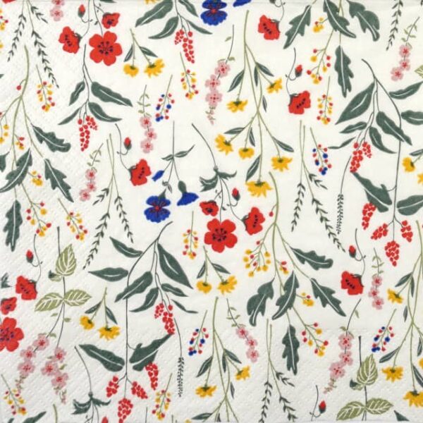 Pretty Meadow floral napkin for decoupage and table décor – close-up of wildflowers in pink, blue and yellow.