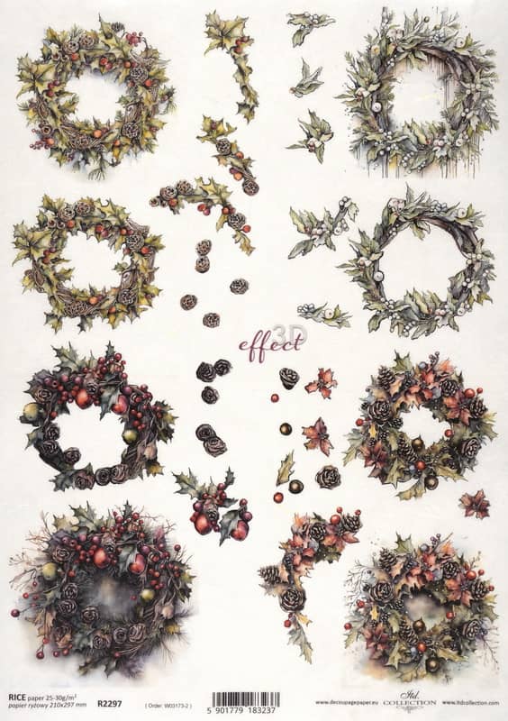 Rice Paper Decoupage - Christmas Wreaths 3D- R2297