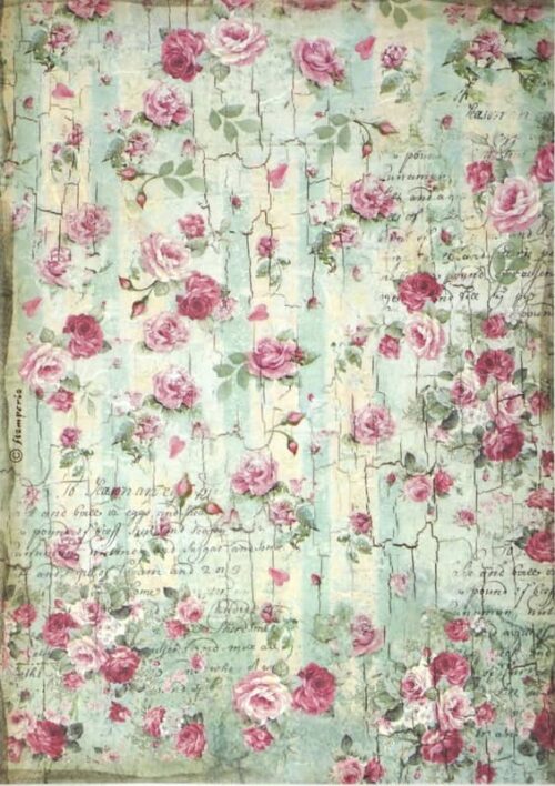 Stamperia Rice Paper A4 - Small roses and writings texture - DFSA4275