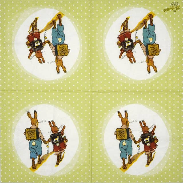 Paper Napkin - two bunnies going to school green