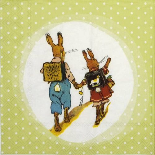 Paper Napkin - two bunnies going to school green