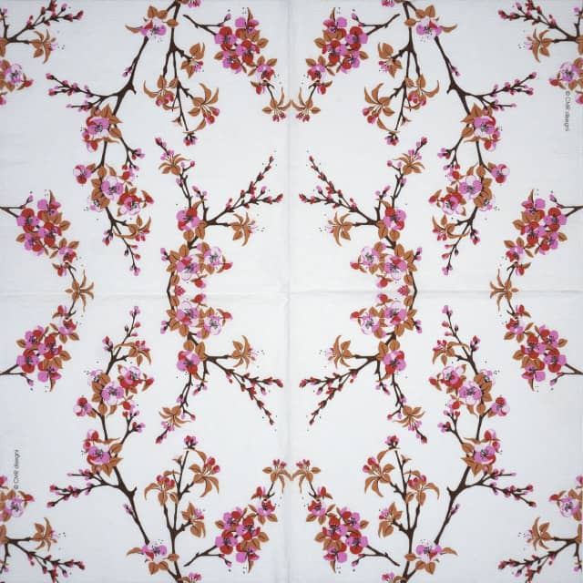 Full Fiori Rossi paper napkin with four repeating cherry blossom panels, PPD brand