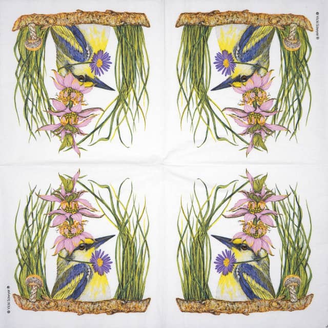 Full napkin layout with repeating birds in pink flower crowns among grass sprays, designed by Vicki Sawyer