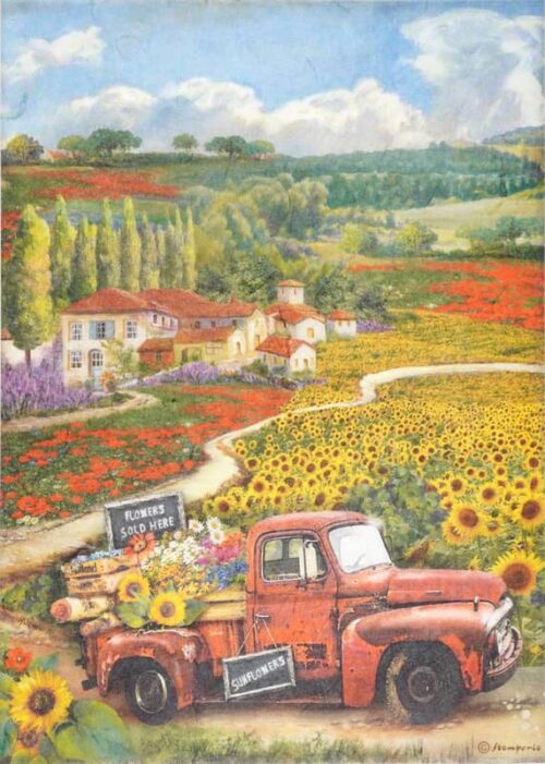 Stamperia Rice Paper A4 - Sunflower Art Vintage Car DFSA4769