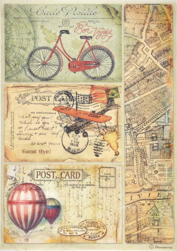 Stamperia Rice Paper A4 - Around the World Post Card DFSA4774