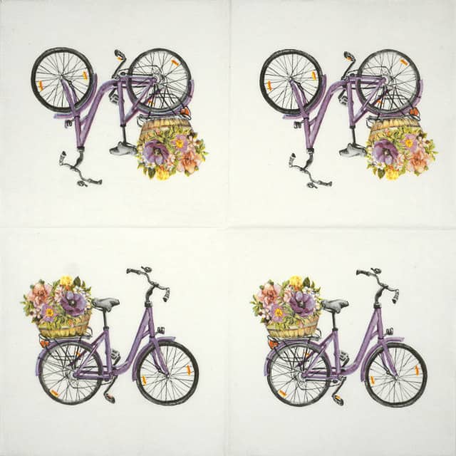 Full paper napkin with four repeating wild flower napkins featuring an elegant bicycle–romantic floral design