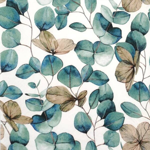 Close-up of eucalyptus leaves in soft green watercolour on white background – ¼ of the cocktail napkin shown, ideal for decoupage or gift tags.
