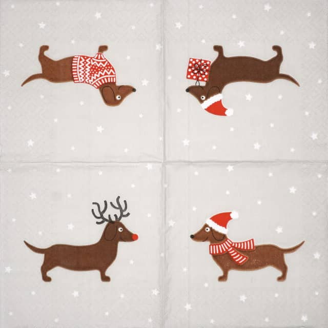Christmas Dachshund paper napkin featuring four festive sausage dogs in red outfits – perfect for holiday decoupage and table décor