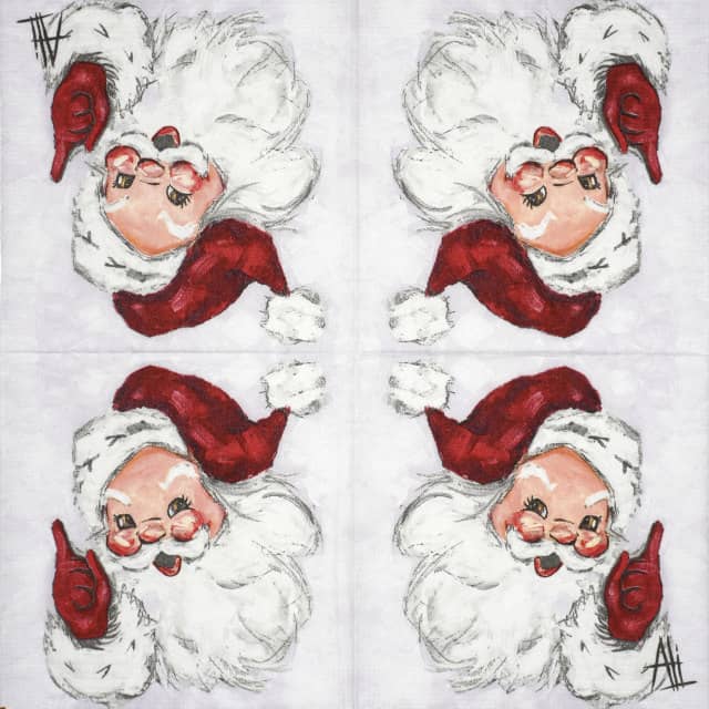 Full view of Jolly St. Nick cocktail napkin featuring a cheerful vintage-style Santa Claus face in four quadrants, wearing a red hat and gloves.