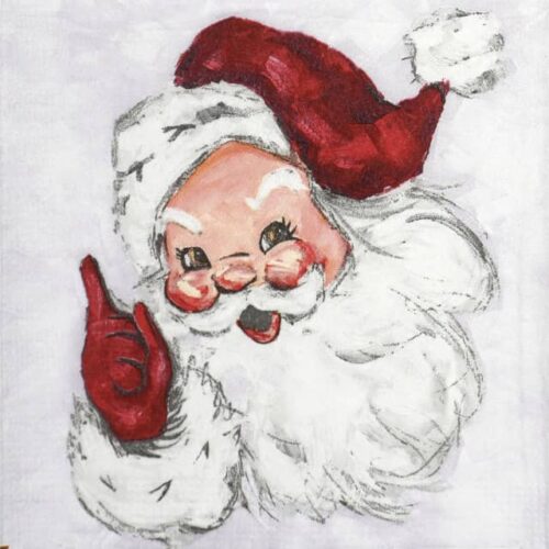 Close-up of Santa Claus with red hat and glove from the Jolly St. Nick cocktail napkin by PPD.