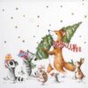 Close-up of the Let’s Get It Started cocktail napkin featuring a charming procession of animals—a mouse, rabbit, hedgehog, fox, and cat—with the fox carrying a Christmas tree while the others carry festive gift boxes.