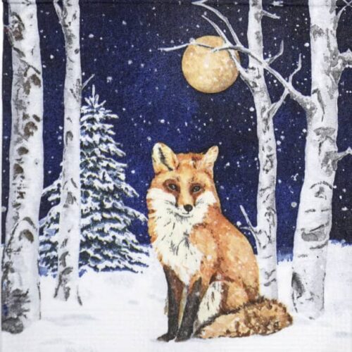 Close-up of Winter Friend cocktail napkin showing a charming red fox curled up beside snowy pine branches with winter foliage.