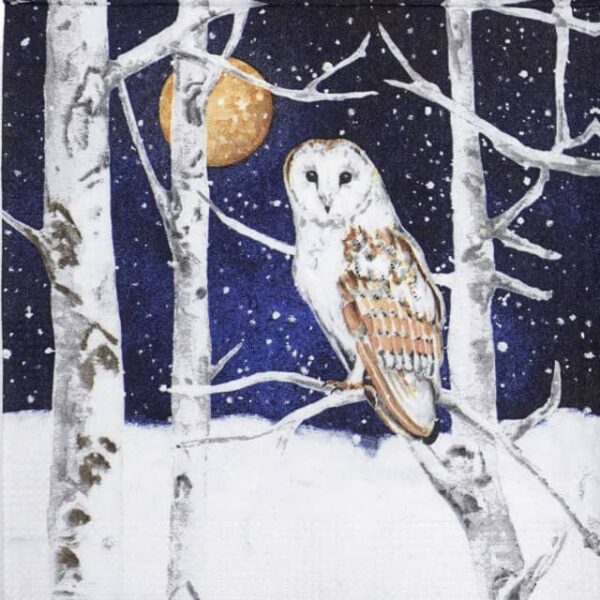 Close-up of Winter Owl cocktail napkin showing a detailed illustration of a white snowy owl perched on a snow-covered pine branch with winter foliage.