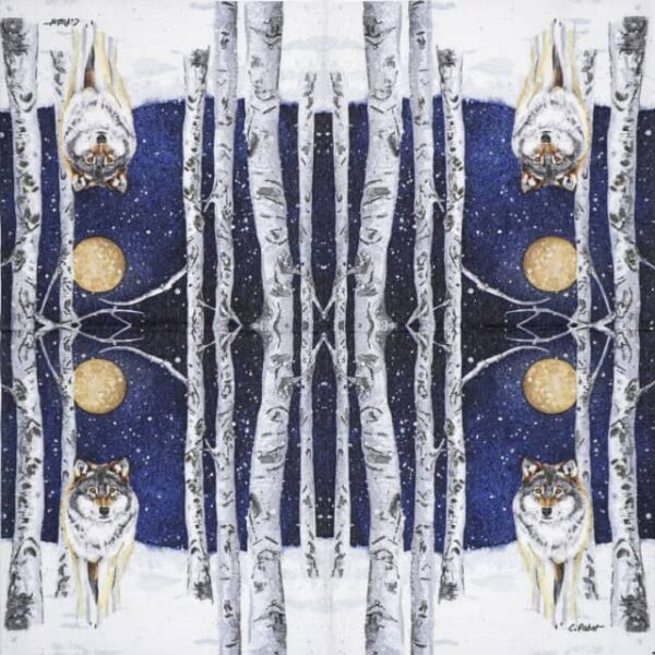 Full layout of Winter Wolf cocktail napkin showing repeating howling wolves with snowy pines and winter forest scenery on a white background.