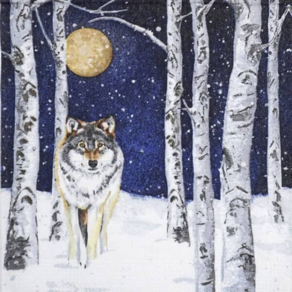 Close-up of Winter Wolf cocktail napkin showing a majestic gray wolf howling under a snowy pine tree, with a subtle winter forest background.
