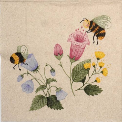 Bee Flowerful decoupage napkin quarter design by paper+Design, featuring colourful bees and bright flowers.