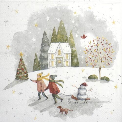Quarter of Looking for Christmas cocktail decoupage napkin showing a snowy village scene with houses, evergreen trees, two children pulling a snowman on a sled, and a small dog, with falling snowflakes and golden stars – ideal for decoupage, crafts, and party table décor