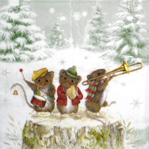 Three mice in festive red and green clothing playing musical instruments against a soft cream background with scattered golden dots.