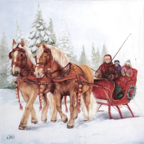 Decoupage napkin featuring a nostalgic illustration of two brown horses pulling a red sleigh with people through a snowy forest landscape.