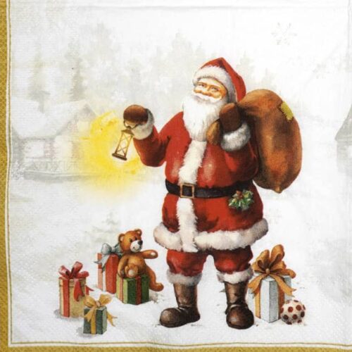 Quarter view of a Christmas paper napkin featuring Santa Claus with a lantern and a sack of toys in a snowy village setting, with gold border accents.