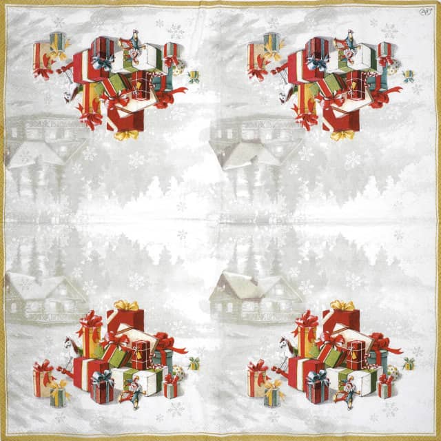 Full view of the 33x33cm Christmas presents paper napkin, showing the design symmetrically repeated four times across the open sheet.