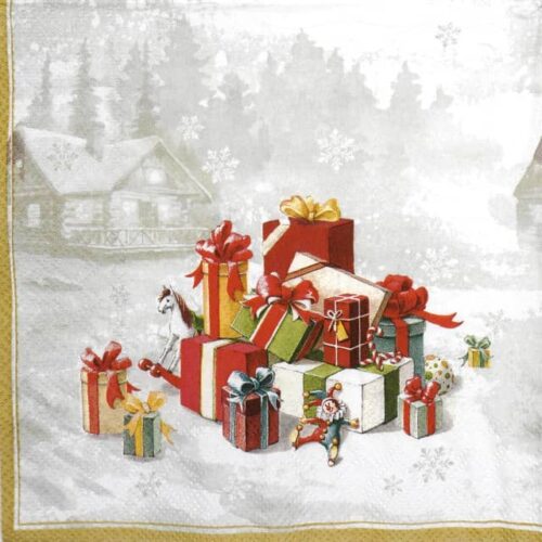 Paper napkin featuring a large pile of Christmas gifts and toys in the snow, with winter cottages in the background.