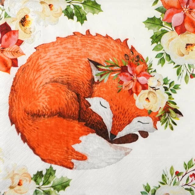 Floral fox napkin design – illustrated red fox with floral crown and wreath, printed on one-quarter of a decorative paper napkin.